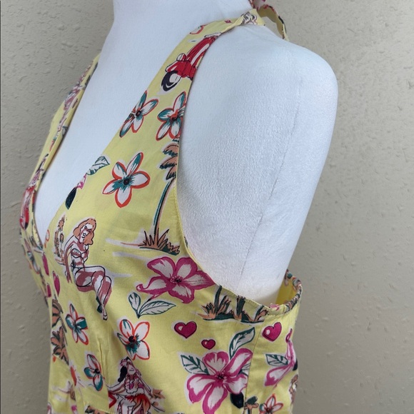 Temptation Yellow Halter Midi Dress Retro Hula Dancer Novelty Print Tropical L - Picture 3 of 11